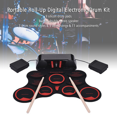 

Portable Roll-Up Drum Set Digital Electronic Drum Kit 9 Silicon Drum Pads Built-in Double Speakers with Drumsticks Foot Pedals USB