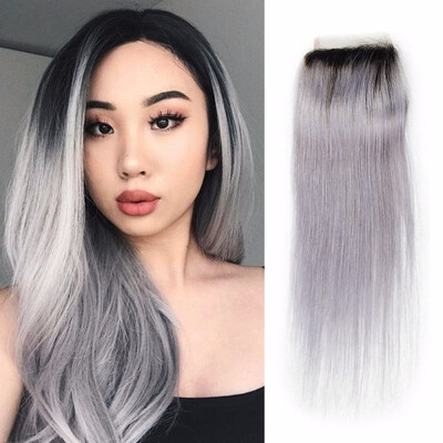 

Nami Hair 4x4 Ombre T1BGrey Lace Closure Brazilian Straight Remy Hair Free Part 100 Human Hair Closure