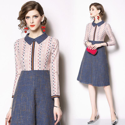 

S M L XL XXL elegant new spring 2019 lace midi dress women long sleeve pink striped office slim A line lady