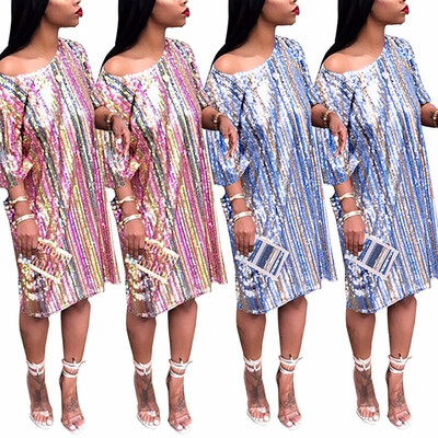 

ONIEZZFOIR Sparkle Glam Sequin Glitter Rainbow Striped Halfsleeve Short Loose Party Prom Dress T Shirt Dresses for Wo