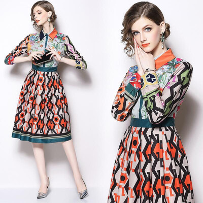 

M L XL XXL elegant new spring 2019 women dress long sleeve digital flower print mid calf pleated office lady