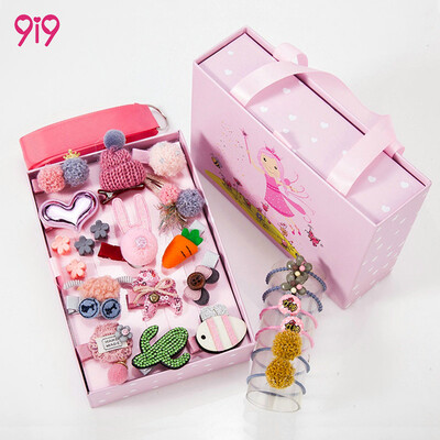 

9i9 long love childrens hair accessories 24 sets of girls childrens Day holiday birthday gift hairpin cute cute Princess head rope rubber band hair ring set gift box 1900005 pink small hat E