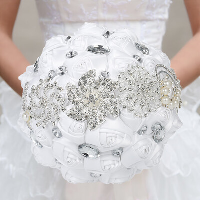 

21cm Handmade Wedding Brooch Rhinestone Bridal Bouquet Satin Rose Flower with Artificial Pearls Decorated for Bride Wedding Suppli