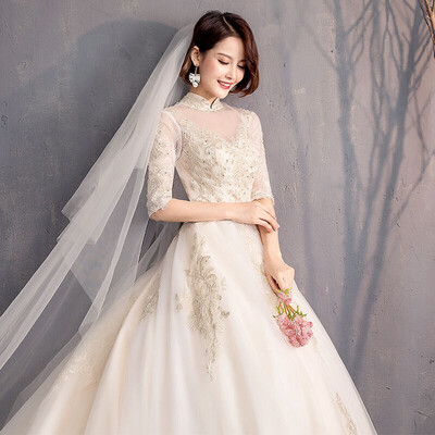 

2019 New Vintage Wedding Dress Luxury Half Sleeve High Neck Sweep Train Bridal Wedding Gown Dresses