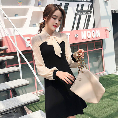 

Long Yue womens 2019 spring new Korean long-sleeved dress temperament stitching fake two-piece dress Slim small black dress LWQZ191168 Apricot long-sleeved