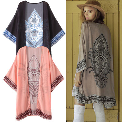 

Women Summer Long Chiffon Cardigan Kimono Positioning Printing Beach Cover Up Bikini Outwear KhakiBlackPink