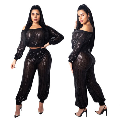 

Sexy sequins striped lantern sleeves two-piece suit striped perspective womens clothing