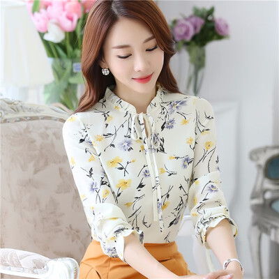 

2018 New Women chiffon floral printing blouse Long Sleeve Shirts