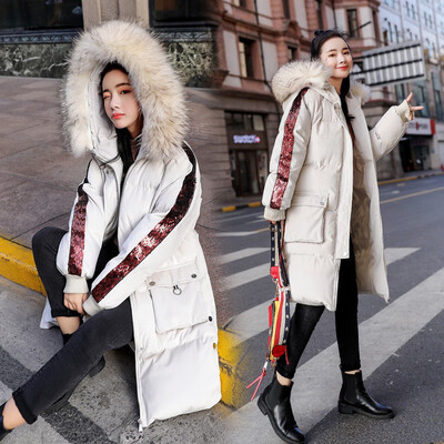 

Sequins with large fur collar&golden fleece womens style chic show thin warm thick cotton jacket winter wear new trend