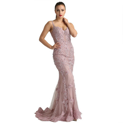 

Pink Sexy Elegant Evening Dresses 2018 Lace Pears Diamond Mermaid Formal Evening Dress Real Photo