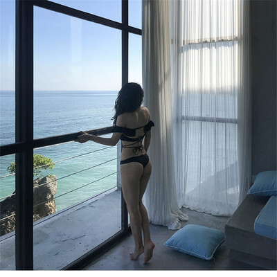 

Swimsuit female black bikini three-point bikini small lotus leaf small chest gathered sexy beach swimsuit