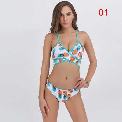 

White Fruit Pineapple Print High Neck Bikini Set Swimwear Halter Crop Top Bikinis Women Tank Swimsuit Ladies Beach Bathing Suit