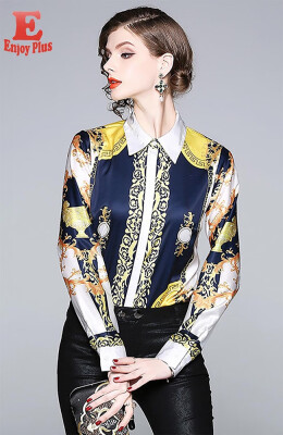 

M L XL XXL elegant satin new autumn 2018 women blouse shirt long sleeve vintage digital print slim office lady top