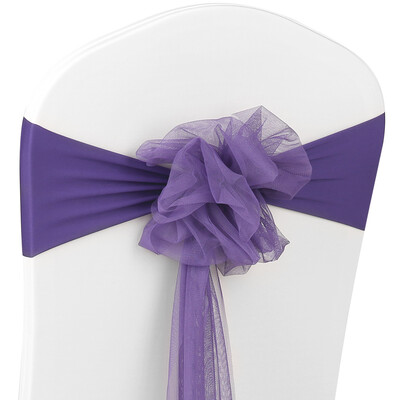 

10pcs Wedding Flower Chair Sashes Elastic Spandex Organza Chair Sash Covers Wedding Banquet Supplies Decorations--Dark Purple