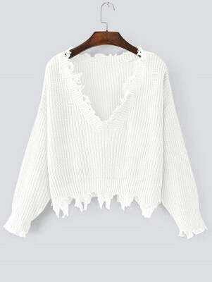 

Sweater Autumn Women One Size Ripped V Neck Loose Sweater