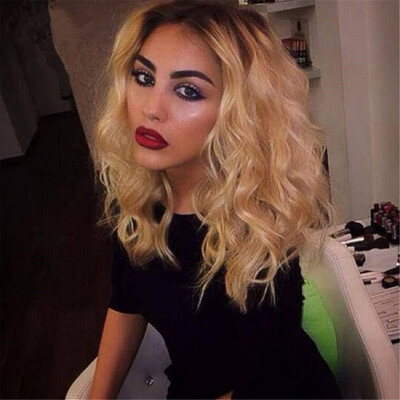 

QianBaiHui Wavy Wigs for African American Women Black Ombre Blonde Wigs Medium Length Synthetic Curly Hair Wig Wig Cap