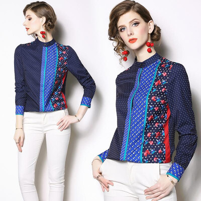 

M L XL XXL vintage new spring 2019 women blouse shirt long sleeve blue polka dot flower print office top lady
