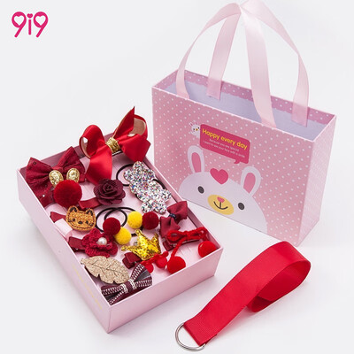 

9i9 long love childrens hair accessories 18 sets of six childrens holiday birthday gift baby hairpin hairpin Korean cloth accessories bow bow drawer gift box 1800806 red