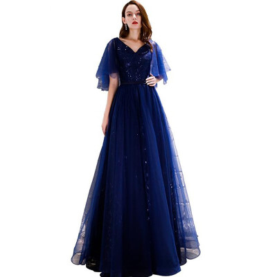 

2019 New Evening Dresses Luxury Blue Sexy V-neck A-line Short Sleeve Party Prom Evening Dresses Can Custom Made