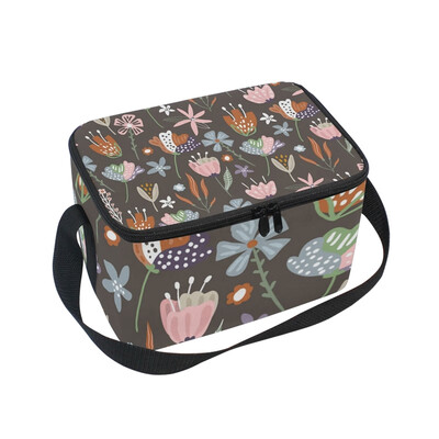 

ALAZA Insulated Lunch Box Black Flowers Printed Lunch Bag for Men Women Portable Tote Bag Cooler Bag