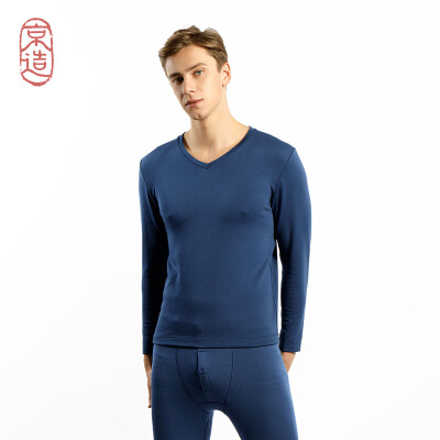 

JZAO mens thermal underwear wool thickening autumn clothes long pants warm suit sea dark blue V-neck XL code