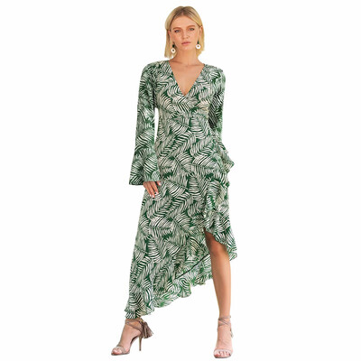 

Long Sleeve Dress Green Tropical Beach Vintage Maxi Dresses Boho Casual V Neck Draped Lrregular Open Long Skirt
