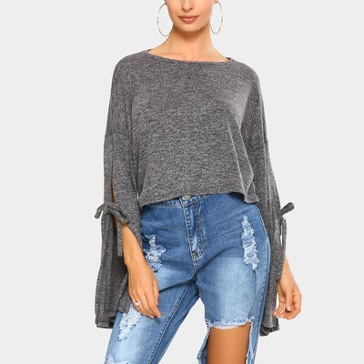 

New Fashion Women Autumn Winter Crop Top Round Neck Strappy Slit Sleeves Solid Color Cropped T-Shirt