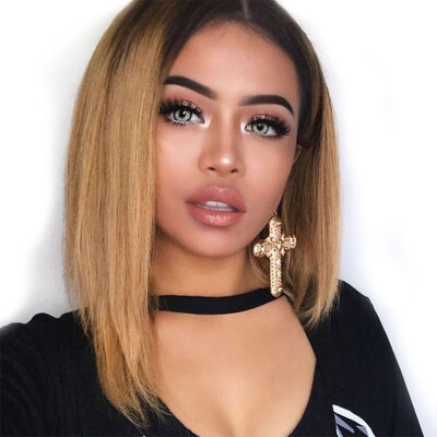 

Short Blonde Lace Front Dark Roots Bob Wig for Women Straight 2Tone Ombre Lace Front Wig with Baby Hair