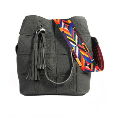 

Suture Bucket Handbags 2019 Women Patchwork Pu Leather Shoulder Crossbody Bag Female Vintage Colorful Wide Strap Bag blackgray