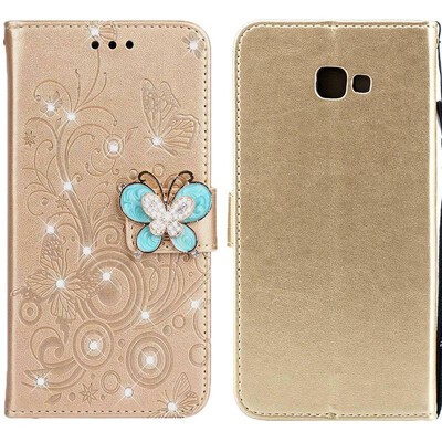 

MOONCASE Samsung Galaxy J4 Butterfly Rhinestone Embossed Leather Case - Gold