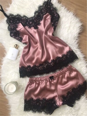 

2pcs Women Sexy Satin Lace Sleepwear Babydoll Lingerie Nightdress Pajamas Set