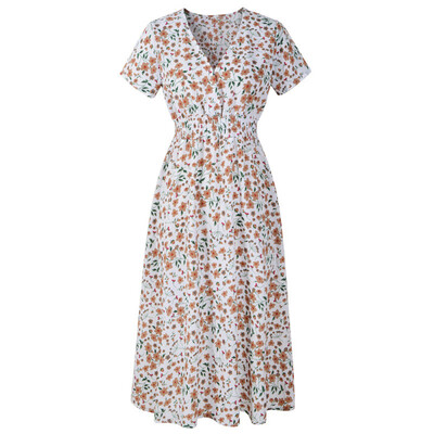 

Ladies Floral Dress Chiffon Beach Dress Print V-neck Short Sleeve Dress Bohemian Skirt