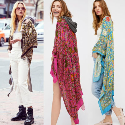 

Vintage Women Chiffon Kimono Cardigan Ethnic Boho Print Loose Long Outerwear Beachwear Bikini Cover Up RoseBlueCoffee