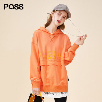 

PASS2019 spring new long-sleeved sweater female long section loose hooded stitching letter print shirt girl pink sensation S