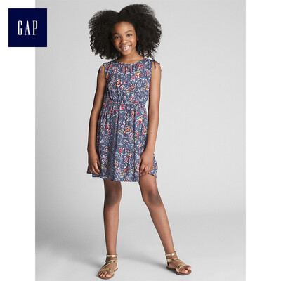 

GAP flagship store girls comfortable floral print pleated shoulder sleeveless dress 306881 navy blue pattern