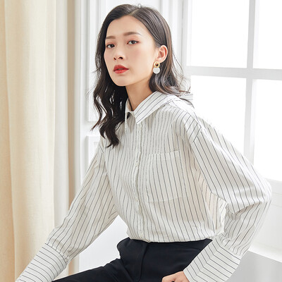 

Marc Rebecca Temperament Simple Fashion Striped Long Sleeve Shirt Women 92004T White Strip  Free Size