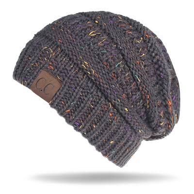 

Women Stretch Knitted Beanie Hat Slouchy Mixed Color Hole Messy Bun High Ponytail Cool Winter Warm Cap