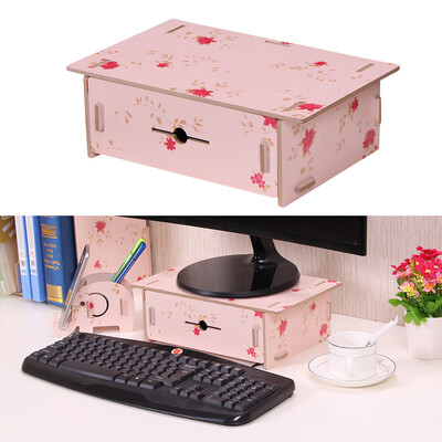 

Small Desk Monitor Riser Stand Organizer Wood with Pen Holder Drawer for School Office Home Stationery Storage