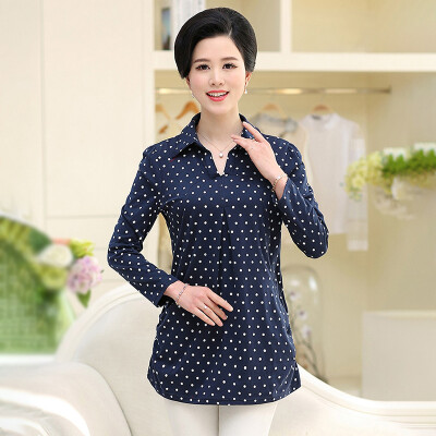 

Yu Zhaolin 2019 new middle-aged womens loose large size shirt mother dress spring&autumn long-sleeved shirt YWMM191346 blue dot XL