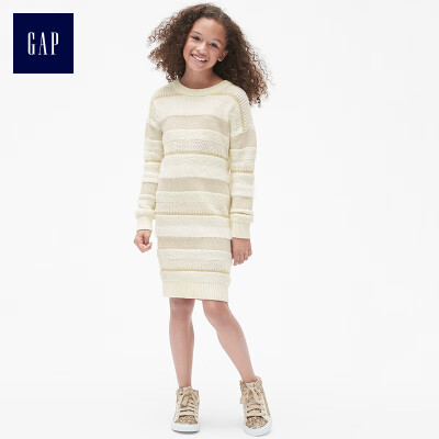 

GAP flagship store girls striped texture drop shoulder knit dress 397901 ivory white XS