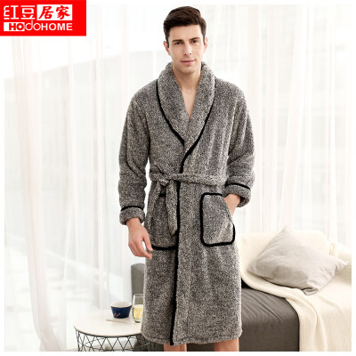 

Red bean home couple pajamas autumn&winter mens flannel long-sleeved tie simple contrast color casual gown 715 gray 17596A