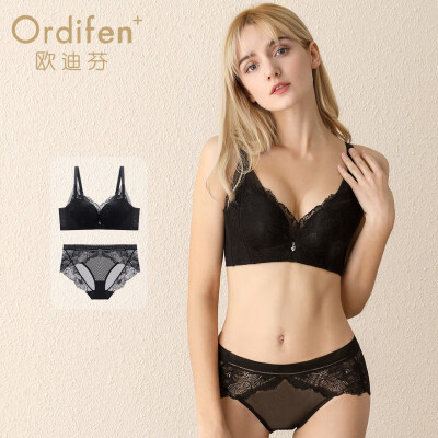 

Ou Difen no steel ring bra set 2019 new product thin thin deep V gathering side push the second breast bra sexy lace underwear bra ladies suit XB9502 pink A75