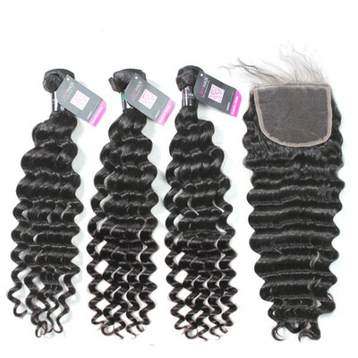 

Superior Grade mix 4 bundles with lace closure Brazilian Deep wave Virgin Human hair extensions