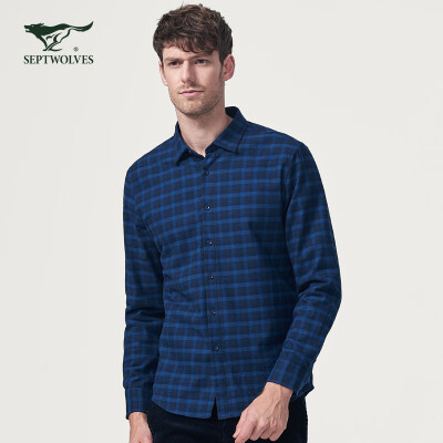 

Seven wolves long-sleeved shirt mens new business casual mens square collar plus velvet cotton plaid long-sleeved shirt mens 102 dark blue 17050AL