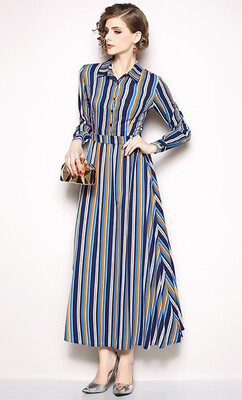 

M L XL XXL elegant new autumn 2018 women long maxi dress long sleeve blue striped A line ankle length office lady