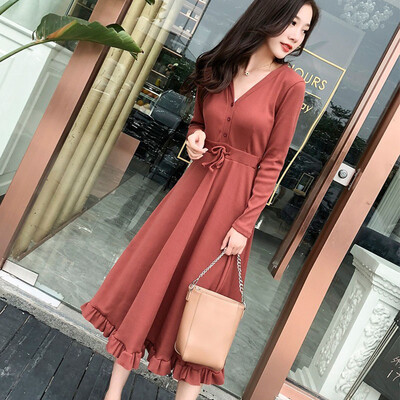 

Langyue Womens 2019 Spring New Korean Long Sleeve Dress in Long Knit Skirt V-neck Temperament Base Skirt LWQZ189115T Black M
