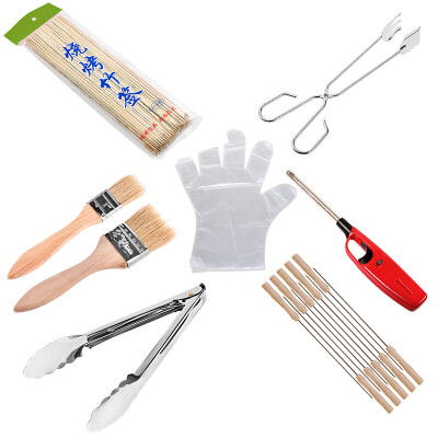 

Shi moving barbecue grill barbecue supplies set outdoor barbecue tools seven sets of bamboo sticks pin food clip carbon clip oil brush igniter gloves