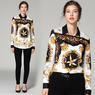 

M L XL XXL 3XL vintage new spring 2019 women blouse shirt long sleeve white gold digital print office top lady