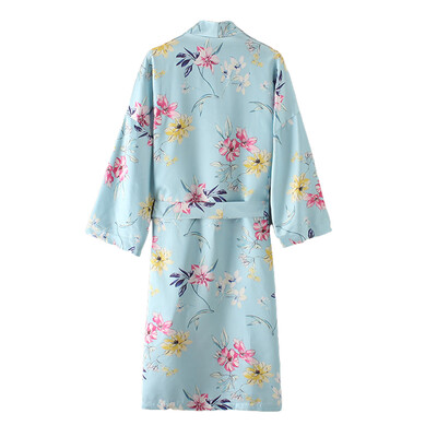 

Women Plus Size Kimono Satin Floral Print Open Front Tie Loose Thin Long Elegant Bikini Cover Up Cardigan Blue