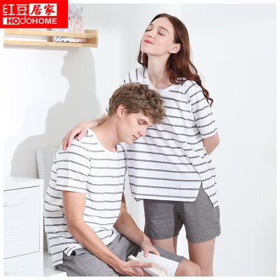 

Red bean home couple pajamas ladies cotton ammonia striped spring&summer short-sleeved shorts casual wear outside home service suit 302 hemp gray 16588A